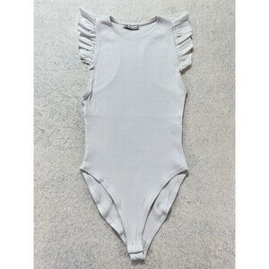 Zara Ruffle Sleeve Body Suit Sleeveless Racerback Medium White Ribbed